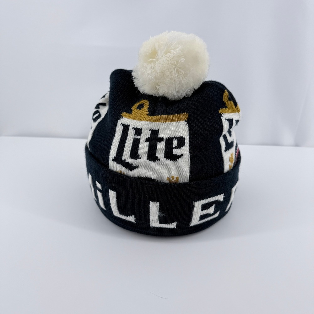 Miller Lite Beanie Mens OSFM Navy Blue Acrylic Pom Pom Knit Beer Graphic Hat - Picture 4 of 12